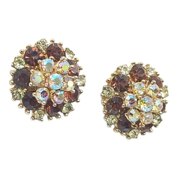 CROWN TRIFARI Silver Tone Topaz Rhinestone Flower Clip Earrings Late 50s/60s - Picture 2 of 5